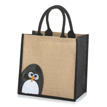 Black Jute Handle Penguin Printed Recycle Hemp Lightweight Jute Tote Bag for Grocery